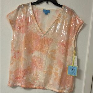CeCe Women's Sequin Floral Top - Pink, Orange, & White